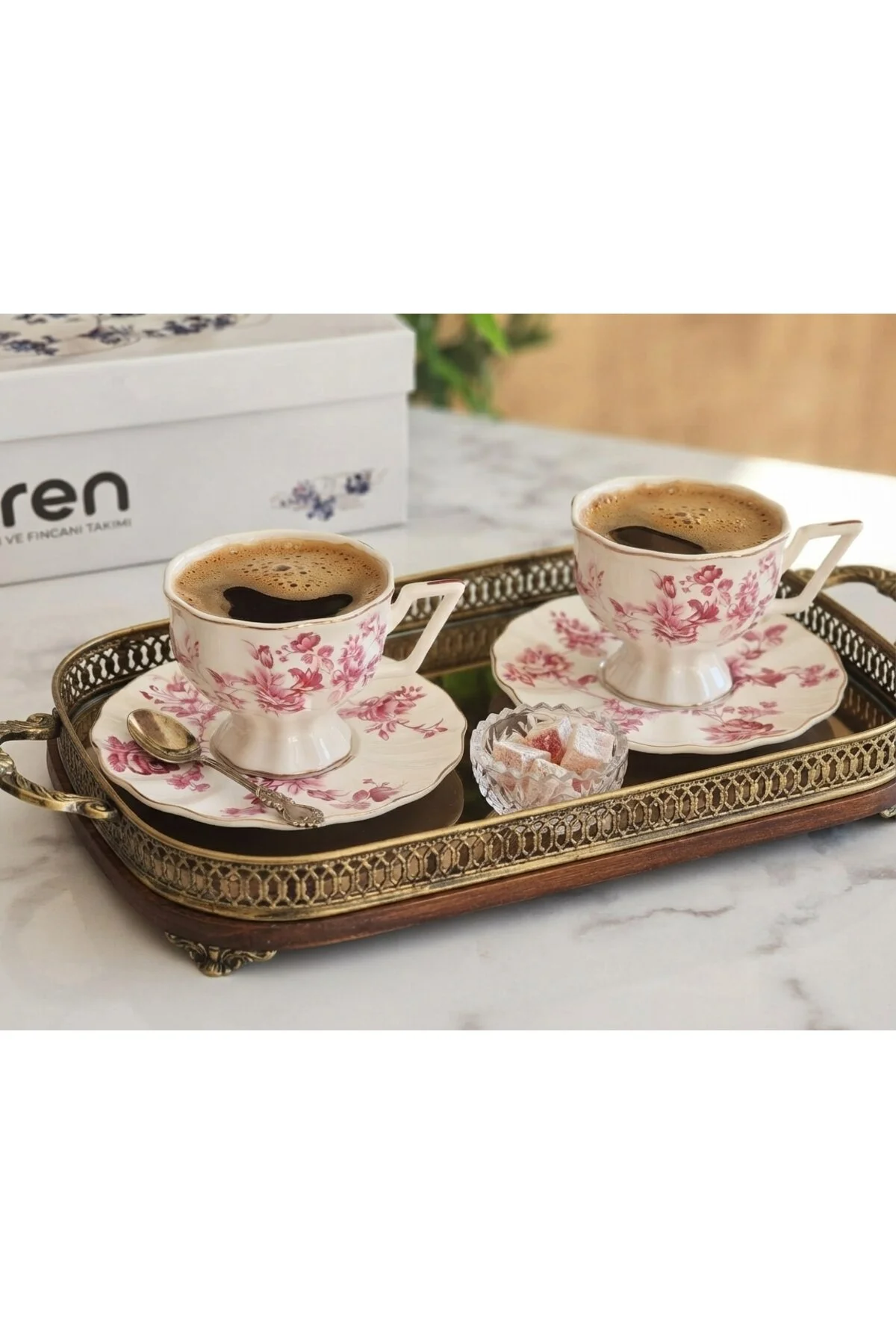 Vintage Pembe Çiçek Desenli 2 Kişilik Kahve Fincanı Takımı (100 ml)