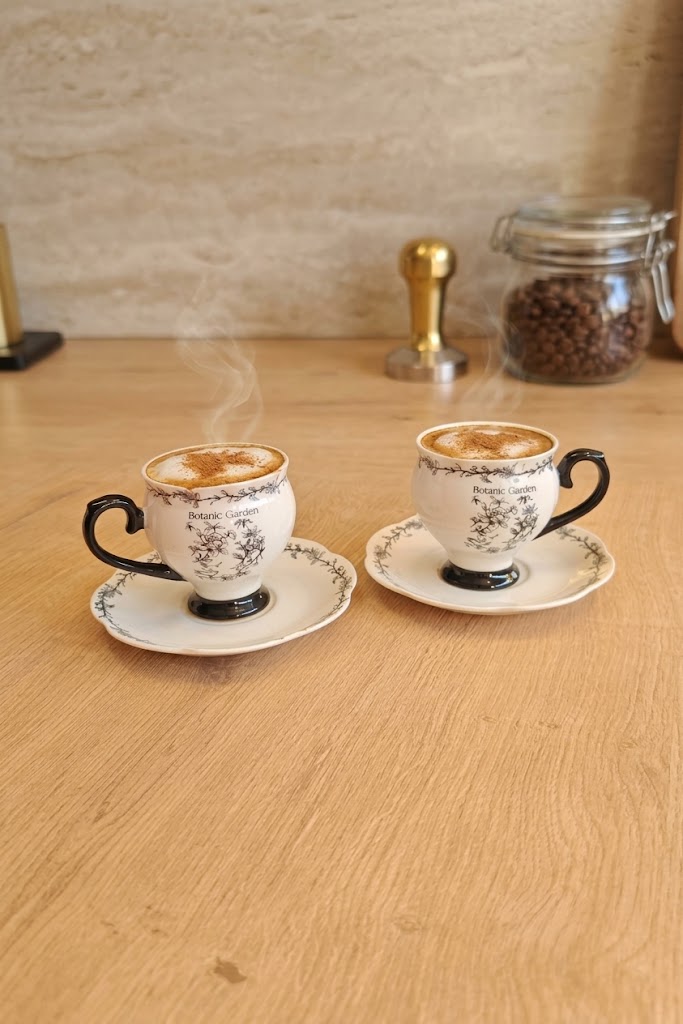 Mien Revol Yaprak Detaylı 2 Kişilik Porselen Türk Kahvesi Fincan Takımı - 90 ml (Siyah & Beyaz Botanic Garden Desenli)