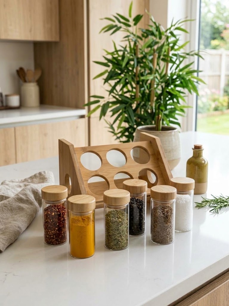 Mien 7 Parça Bambu Standlı Cam Baharatlık Seti